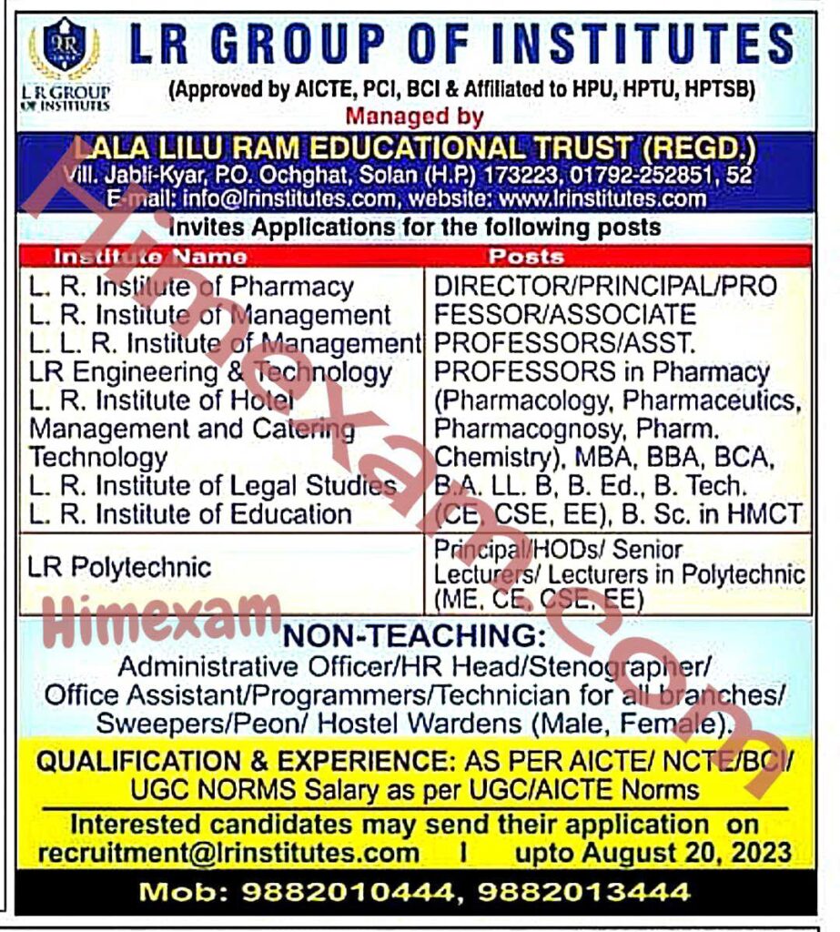 LR Group Of Institutes Solan Teaching & Non Teaching Staff Recruitment ...