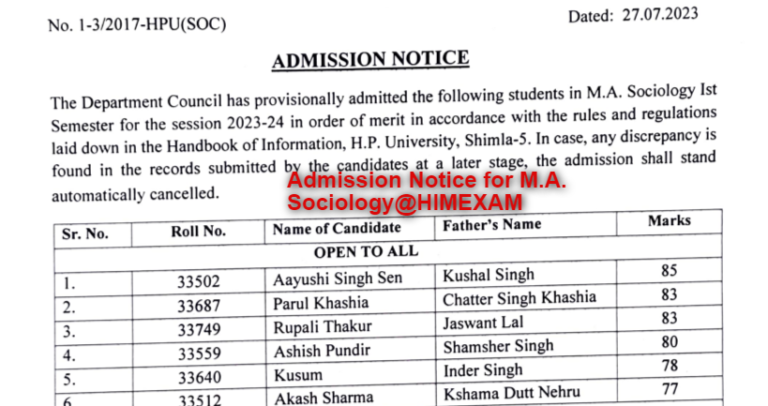 Admission Notice for M.A. Sociology for the Academic Session 2023-24