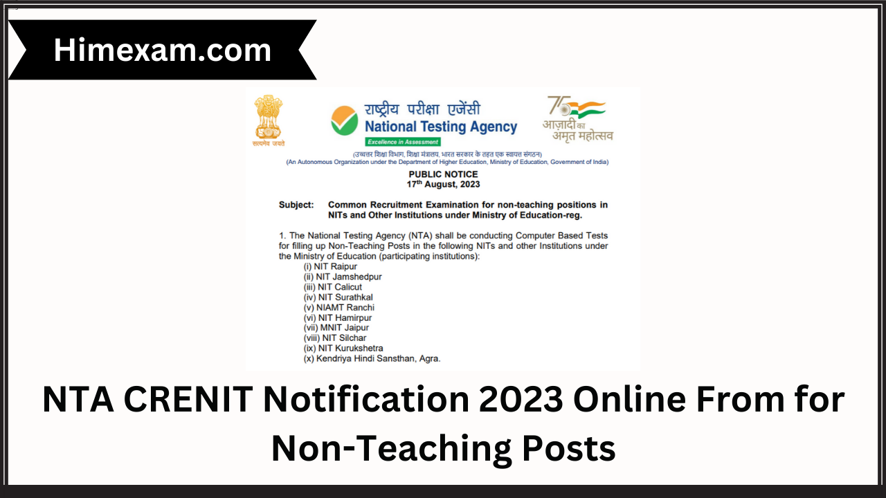 NTA CRENIT Notification 2023 Online From for Non-Teaching Posts