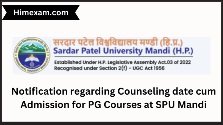 Notification regarding Counseling date cum Admission for PG Courses at SPU Mandi