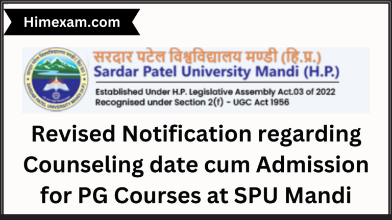 Revised Notification regarding Counseling date cum Admission for PG Courses at SPU Mandi