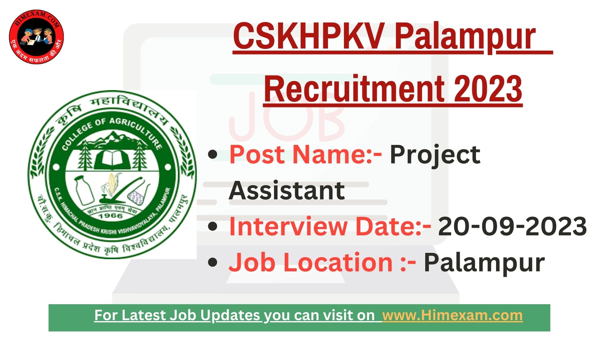 CSKHPKV Palampur Project Assistant Recruitment 2023