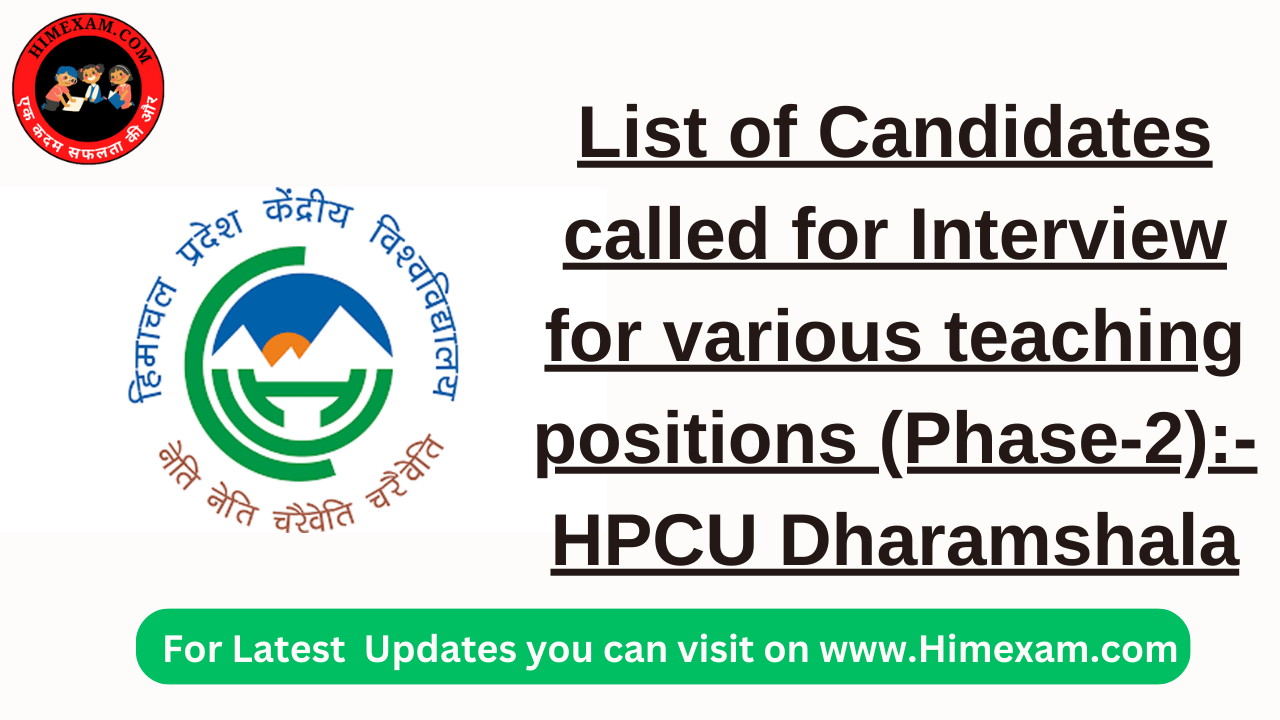 List of Candidates called for Interview for various teaching positions (Phase-2):- HPCU Dharamshala