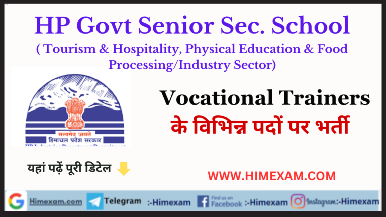 HP Govt School Vocational Trainers Recruitment 2023 (Tourism & Hospitality, Physical Education & Food Processing/Industry Sector)