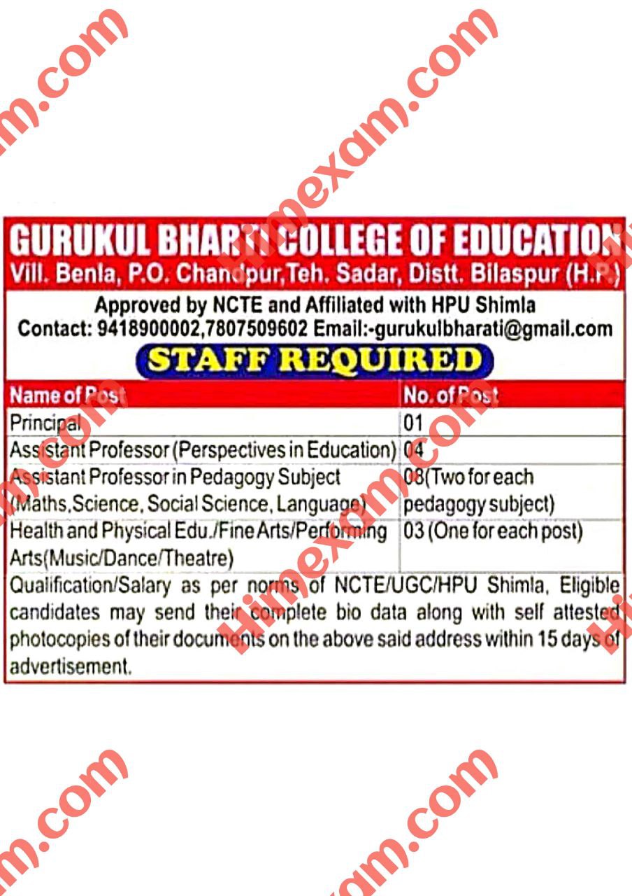 Gurukul Bharti College Of Education Bilaspur Staff Recruitment 2023 ...