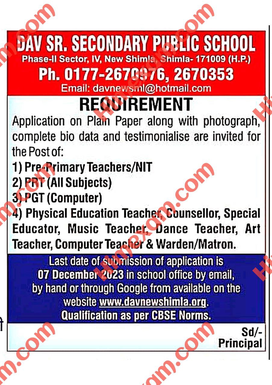 DAV Public School Shimla Teaching & Non Teaching Staff Recruitment 2023 ...