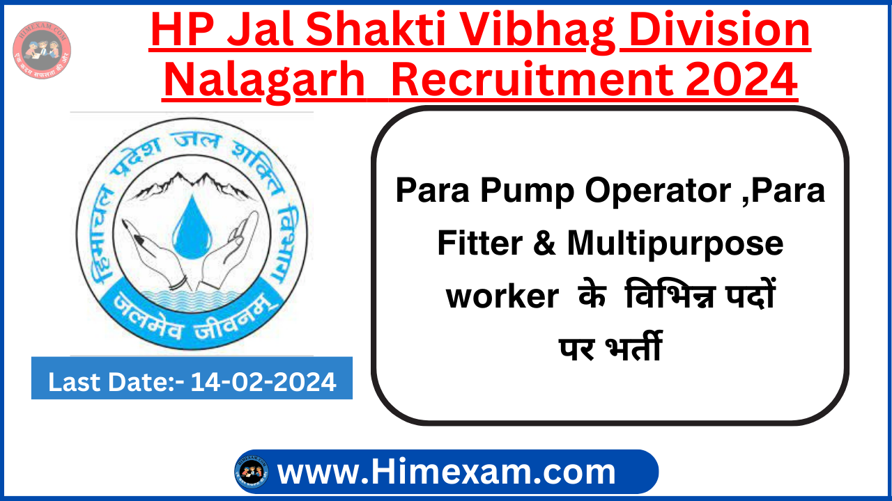 HP Jal Shakti Vibhag Division Nalagarh Para Pump Operator ,Para Fitter & Multipurpose worker Recruitment 2024