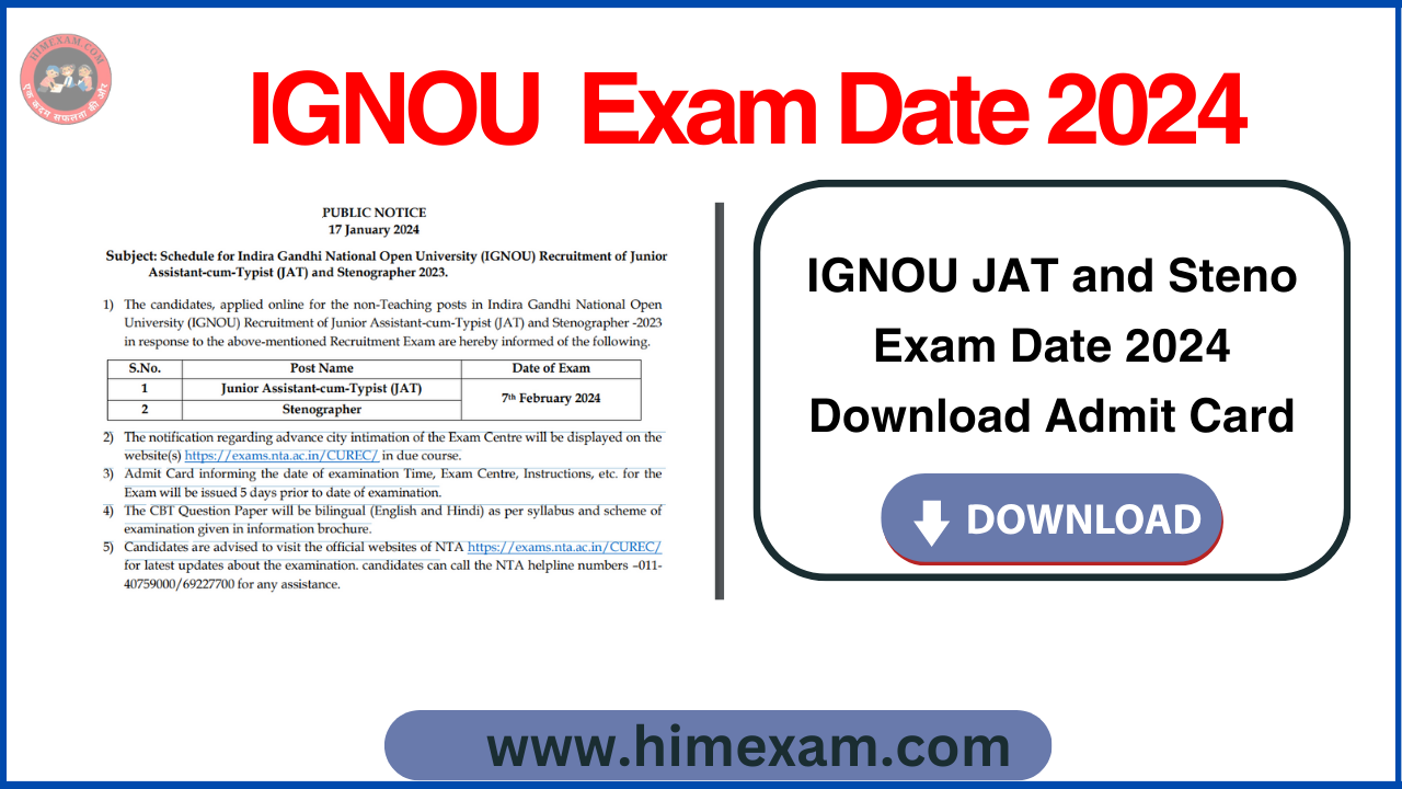 IGNOU JAT and Steno Exam Date 2024  Download Admit Card
