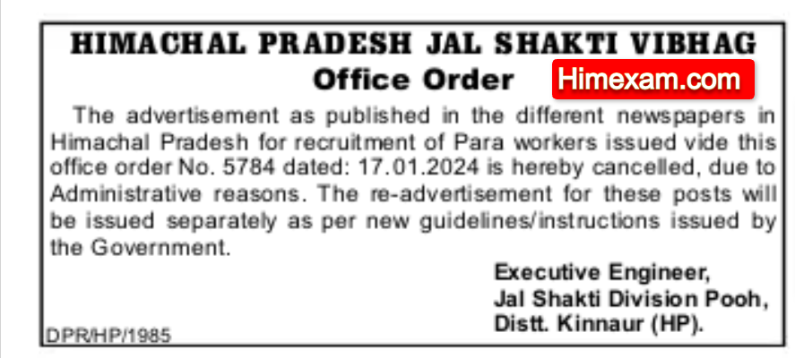 HP Jal Shakti Vibhag Division Pooh Para Pump Operator ,Para Fitter & Multipurpose worker Recruitment 2024 Cancelled