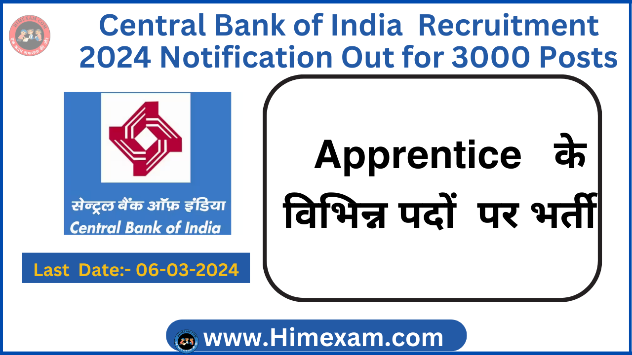 Central Bank of India Apprentice Recruitment 2024 Notification Out for 3000 Posts