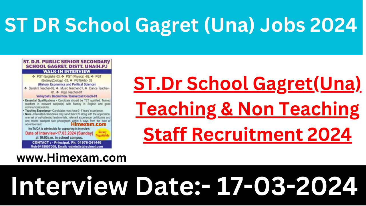 ST.Dr School Gagret(Una) Teaching & Non Teaching Staff Recruitment 2024