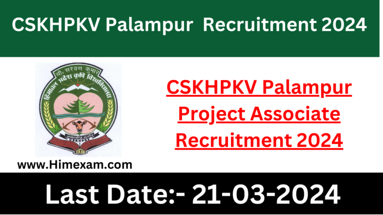 CSKHPKV Palampur Project Associate Recruitment 2024
