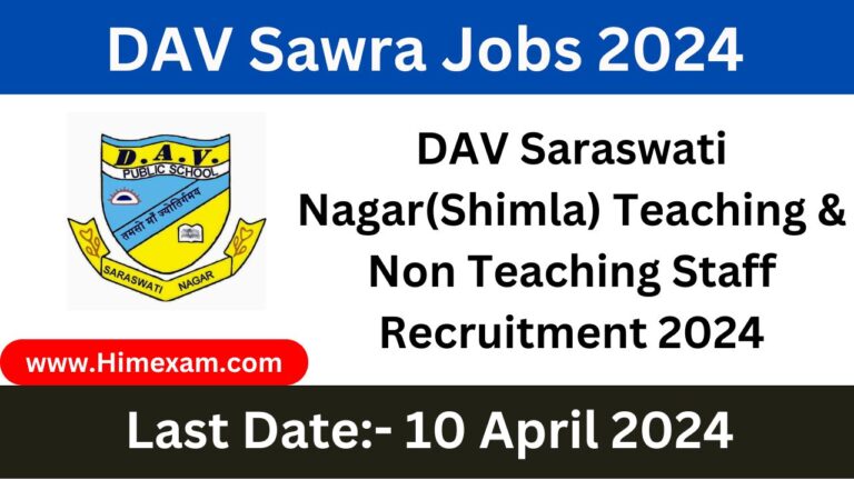 DAV Saraswati Nagar(Shimla) Teaching & Non Teaching Staff Recruitment 2024