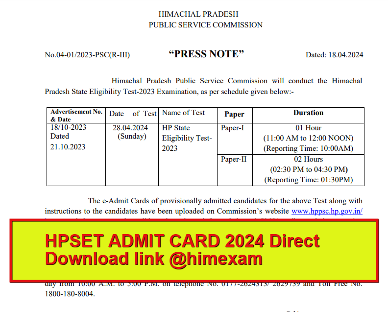 HP SET Admit Card 2024
