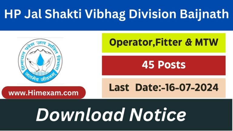 HP Jal Shakti Vibhag Division Baijnath Recruitment 2024 Notification Out for Para Pump Operator ,Para Fitter & Multipurpose worker