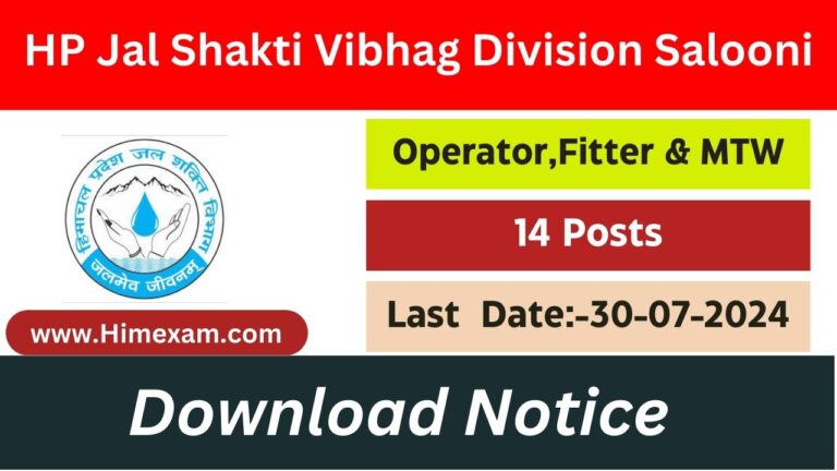 HP Jal Shakti Vibhag Division Salooni Recruitment 2024 Notification Out for Para Pump Operator ,Para Fitter & Multipurpose worker