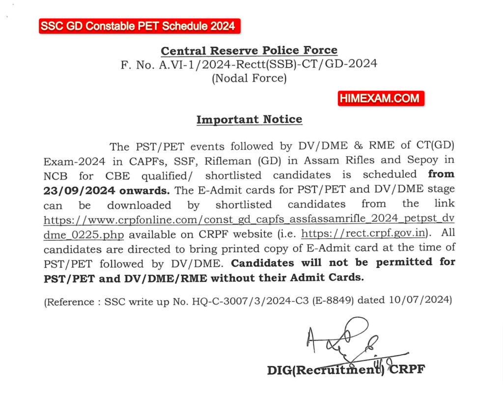 SSC GD PET PST Admit Card 2024 Out