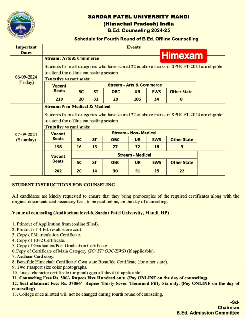 SPU Mandi B.Ed 4th Round Offline Counselling 2024, Schedule, Registration Fee, Eligibility Criteria, Apply Online