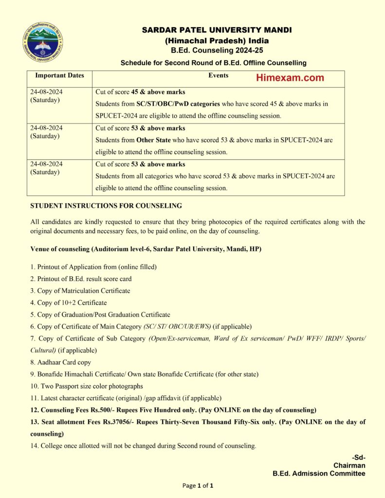 SPU Mandi B.Ed Counselling 2024, Schedule, Registration Fee, Eligibility Criteria, Apply Online