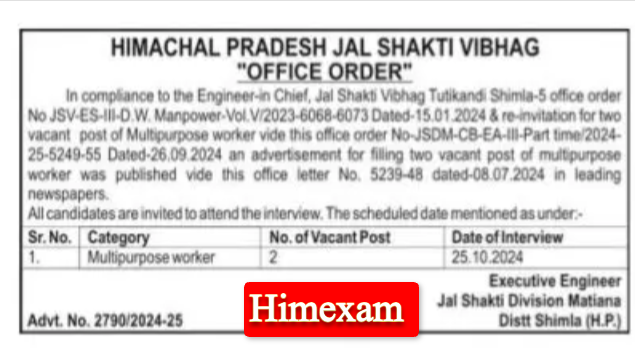 HP Jal Shakti Vibhag Division Matiana MTW Interview Schedule 2024