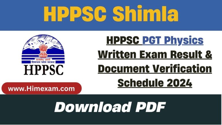 HPPSC PGT Physics Written Exam Result & Document Verification Schedule 2024