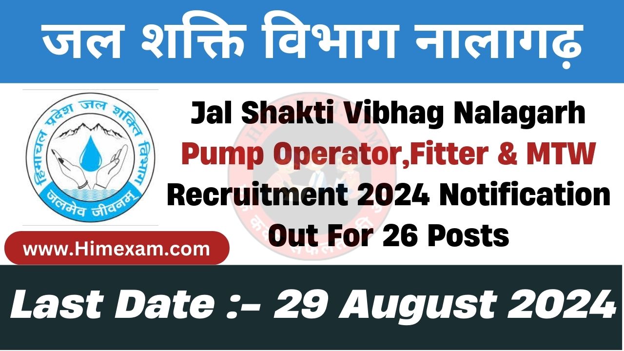 Jal Shakti Vibhag Nalagarh Pump Operator,Fitter & MTW Recruitment 2024 Notification Out For 26 Posts