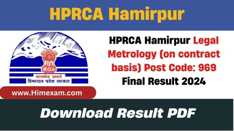 HPRCA Hamirpur Legal Metrology (on contract basis) Post Code: 969 Final Result 2024