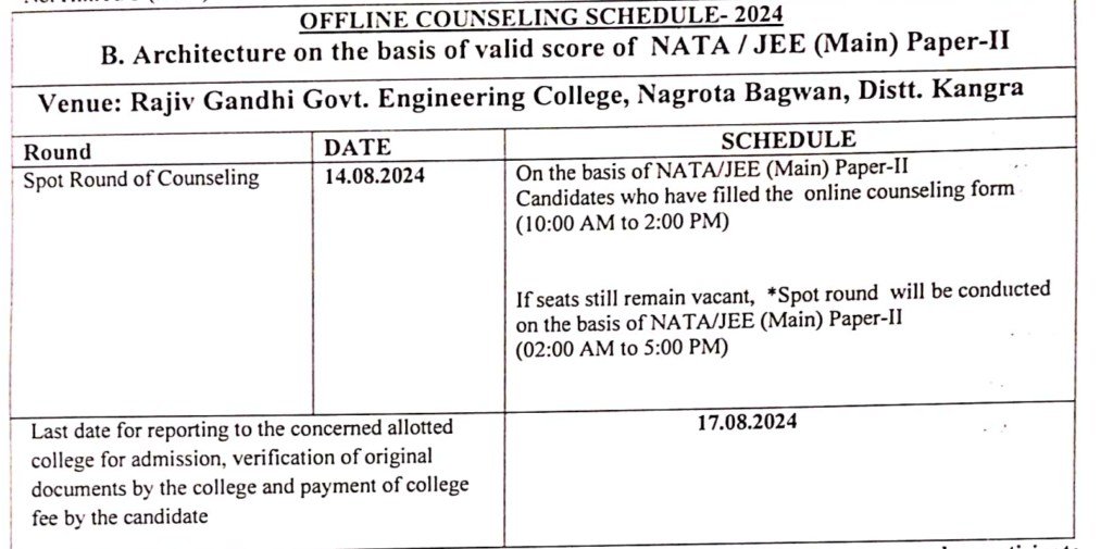 HPTU Hamirpur B.Arch. counselling Schedule 2024