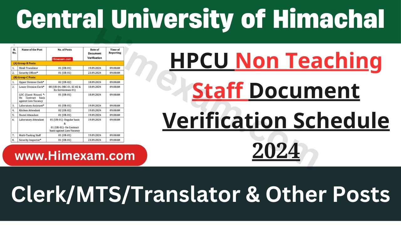 HPCU Non Teaching Staff Document Verification Schedule 2024