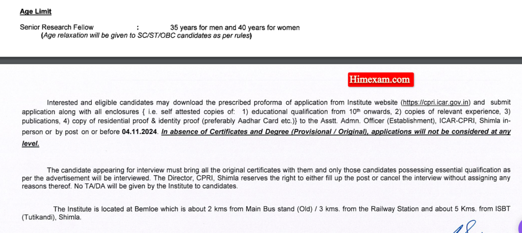 CPRI Shimla SRF Notification 2024