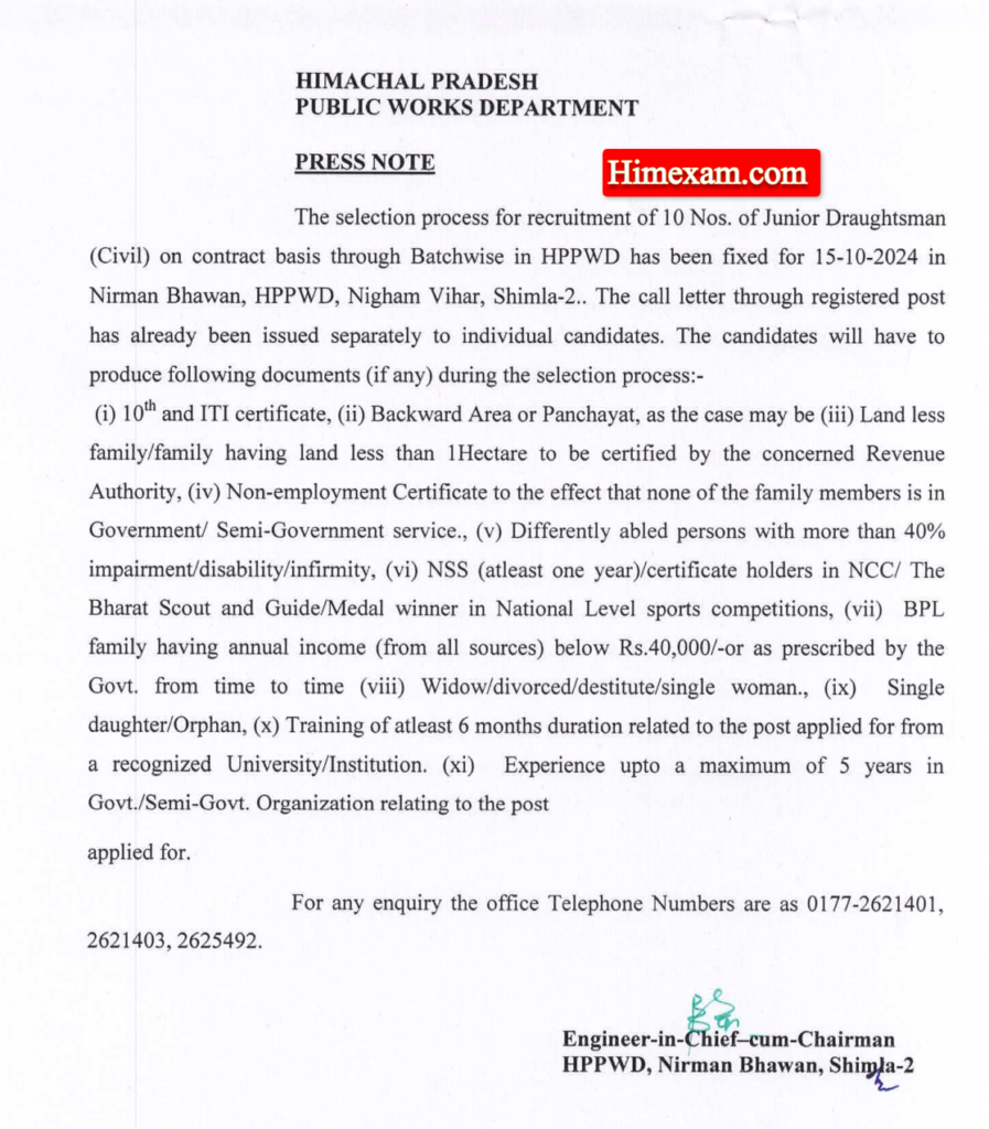 Important Notice For Junior Draughtsman (Civil) Posts:- HPPWD