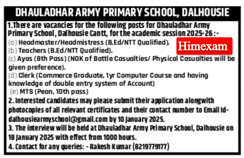 Dhauladhar Army Primary School Dalhousie Cantt Teaching & Non Teaching Staff Recruitment 2025