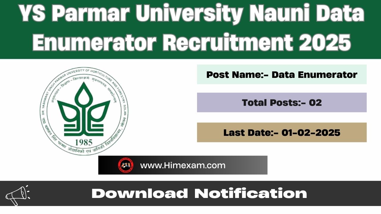 YS Parmar University Nauni Data Enumerator Recruitment 2025