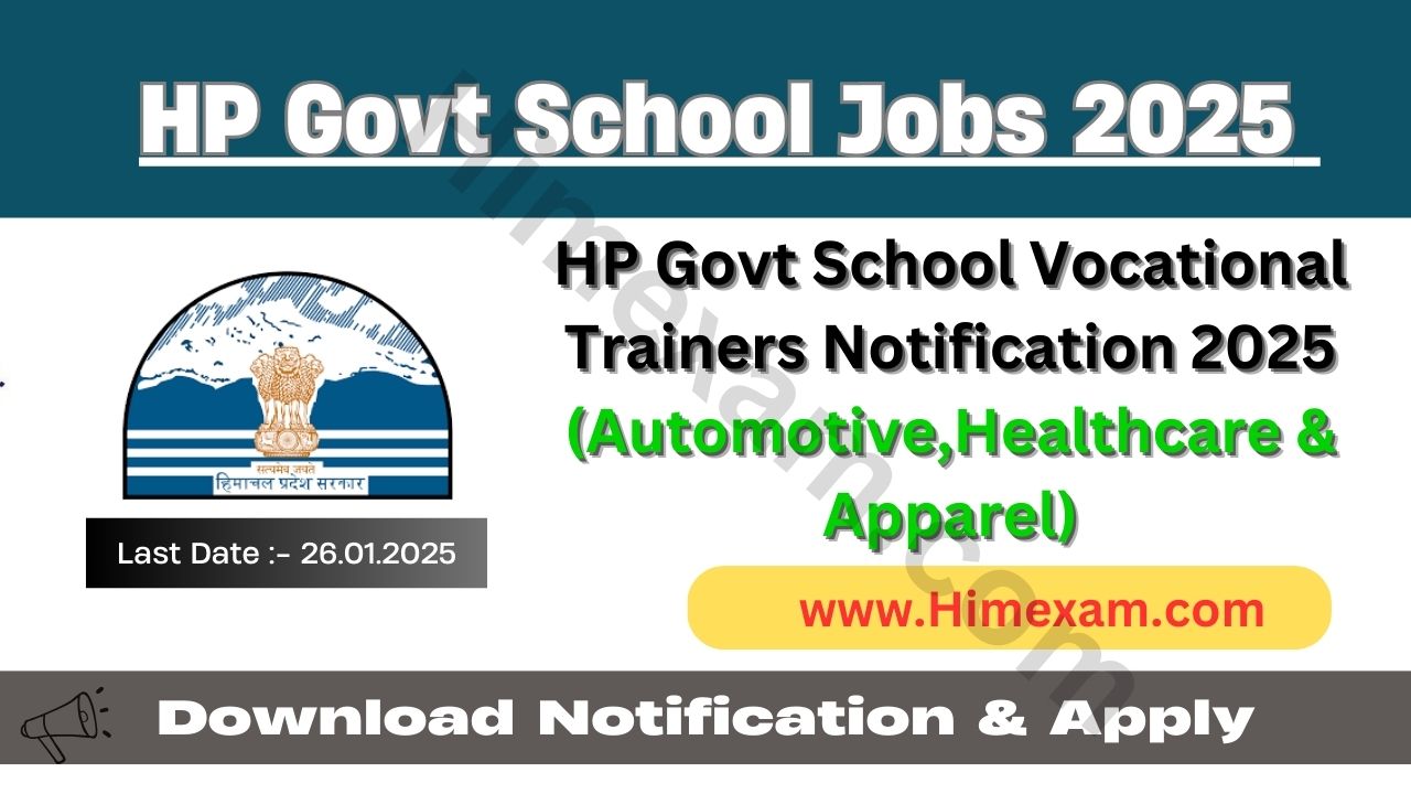 HP Govt School Vocational Trainers Notification 2025(Automotive,Healthcare & Apparel)