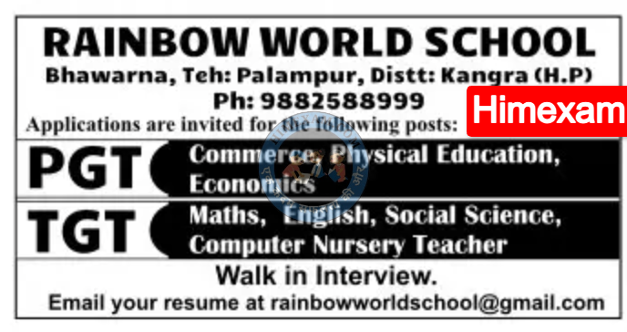 Rainbow World School Palampur PGT & TGT Recruitmemt 2025