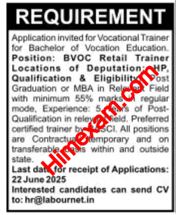 HP Vocational Trainers Recruitment 2025 (LabourNet)