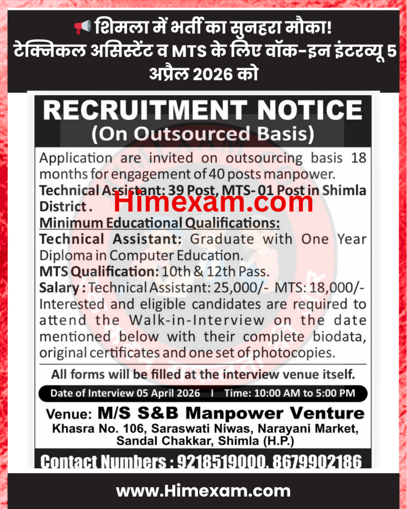 Himachal Pradesh Technical Assistant & MTS Recruitment 2026(Outsource)