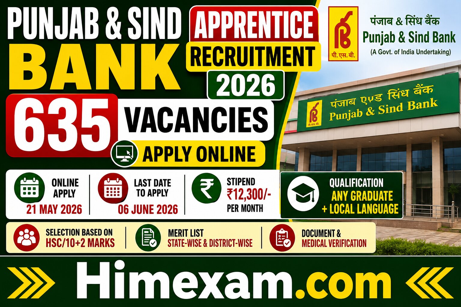 Punjab and Sind Bank Apprentice Recruitment 2026 Notification Out for 635 Posts, Apply Online