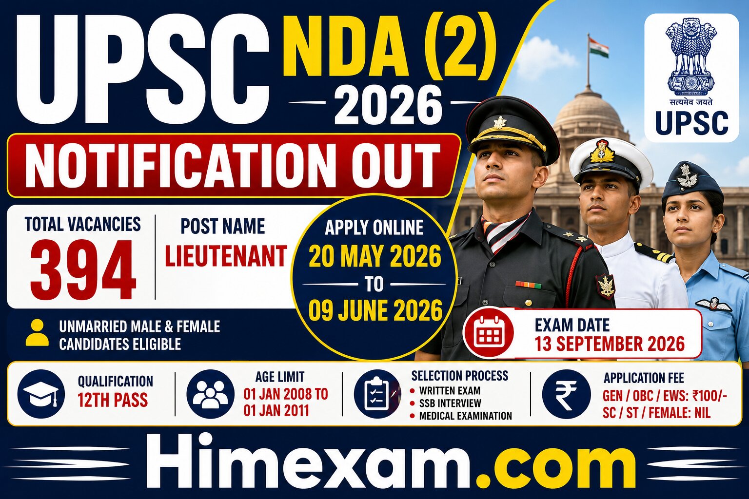 UPSC NDA 2 2026 Notification Out for 394 Vacancies, Apply Online