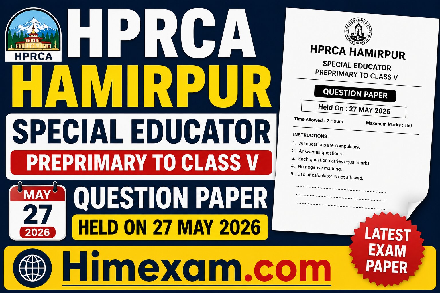 HPRCA Hamirpur Special Educator Preprimary to Class V Question Paper Held On 27 may 2026