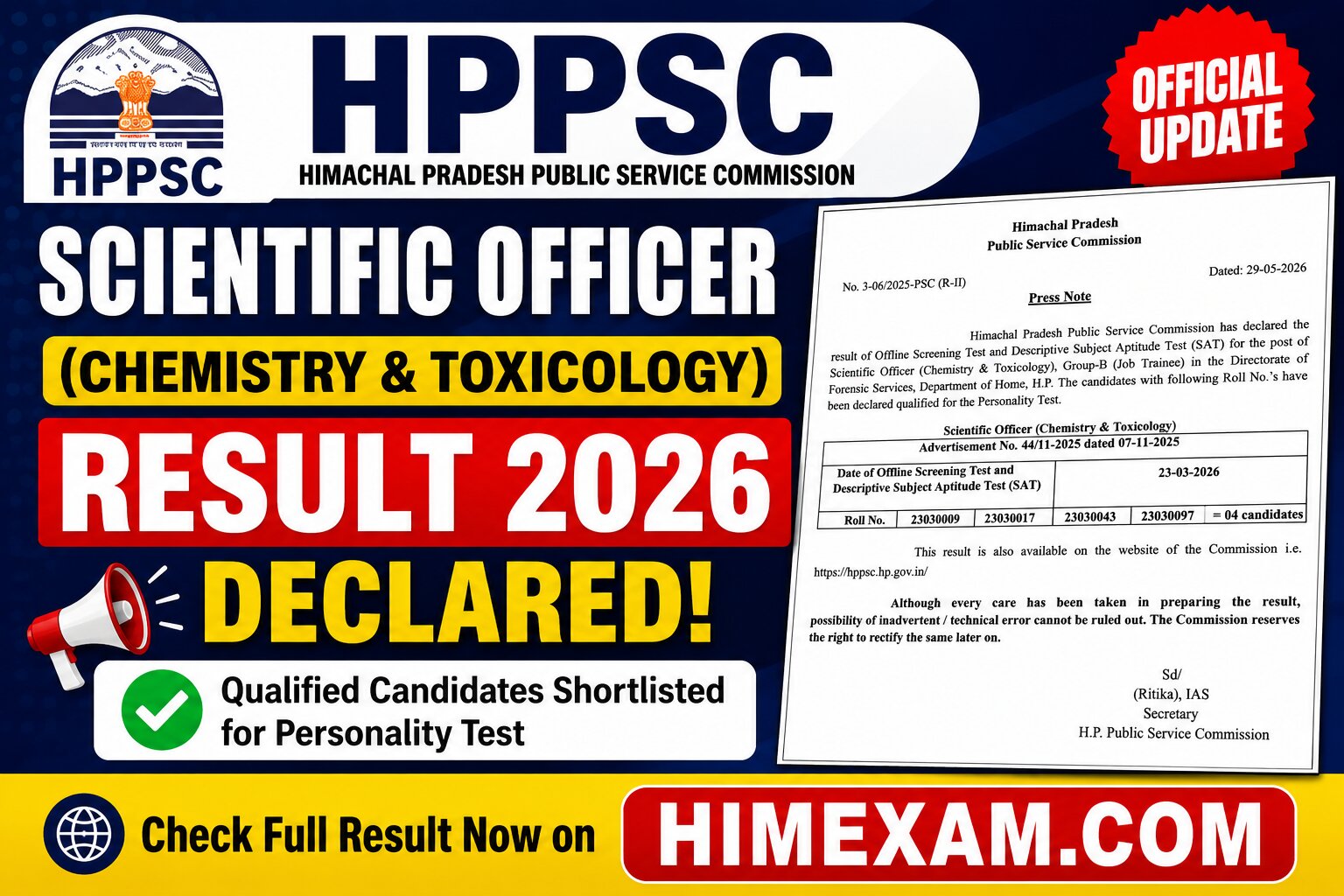 HPPSC Scientific Officer (Chemistry & Toxicology) Result 2026 Declared – Check Qualified Candidates List