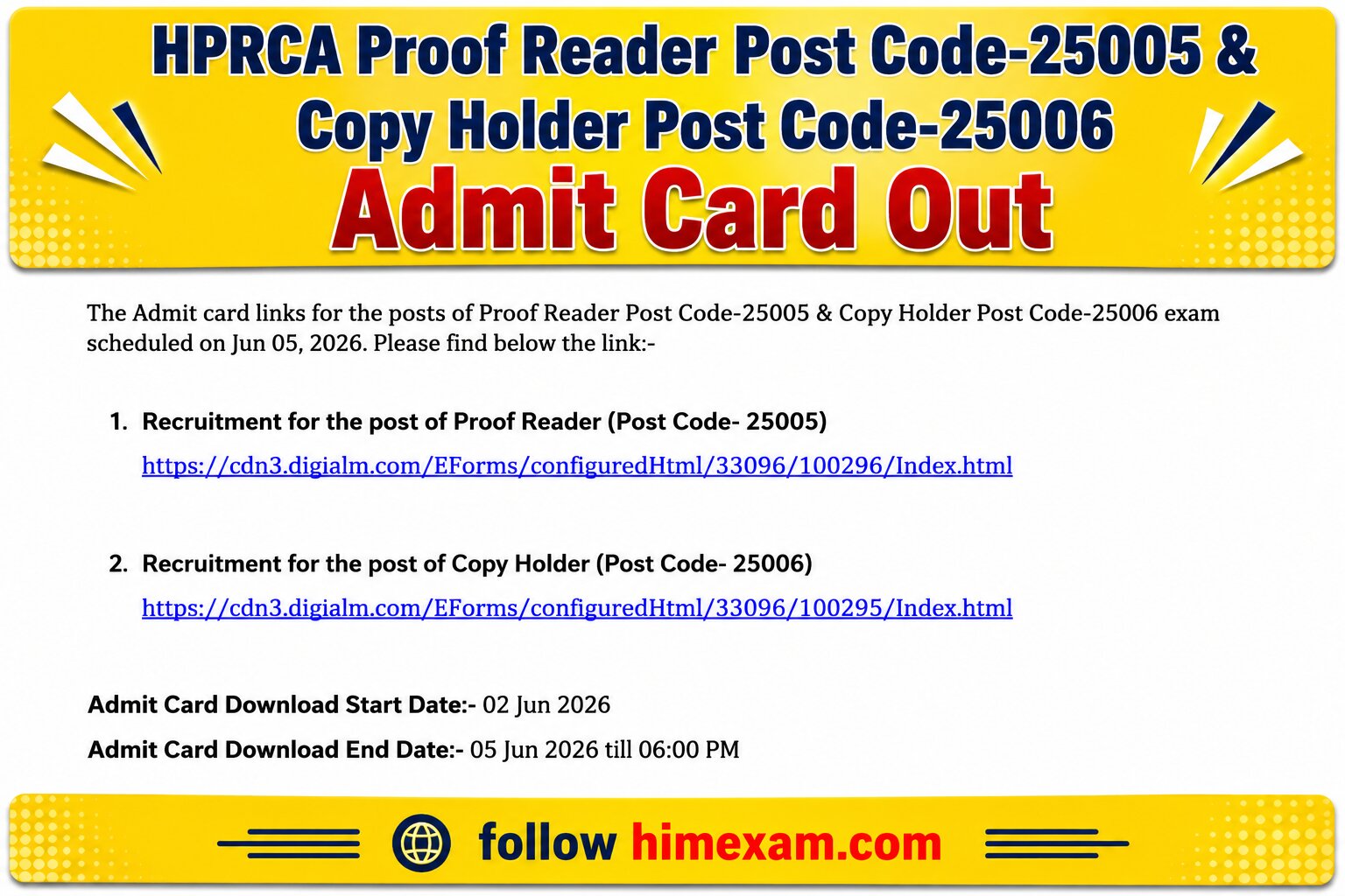 HPRCA Proof Reader (Post Code-25005) & Copy Holder (Post Code-25006) Admit Card 2026