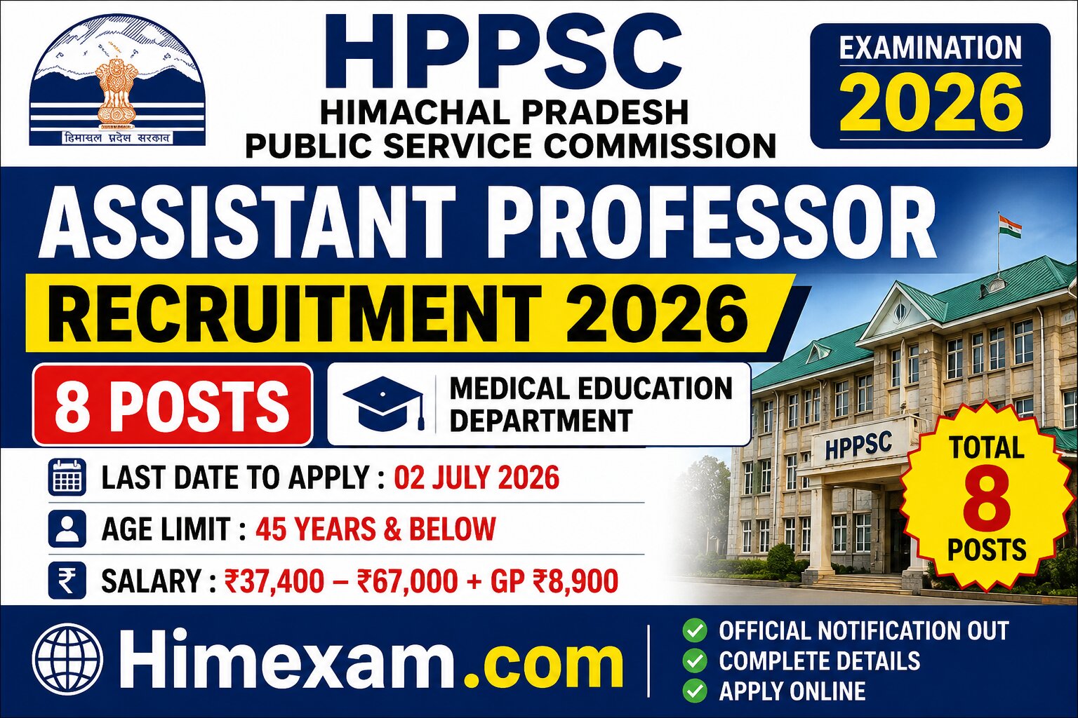 HPPSC Assistant Professor Recruitment 2026 Notification Out for 8 Medical Education Posts