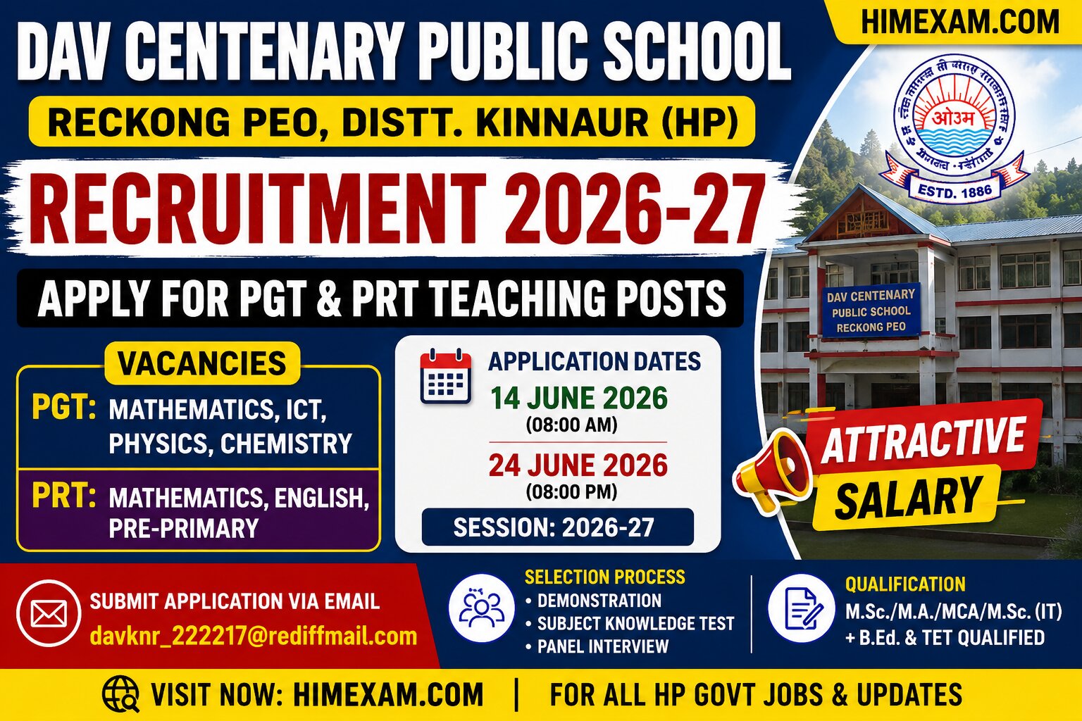 DAV Centenary Public School Reckong Peo Recruitment 2026 – Apply for PGT and PRT Teaching Posts