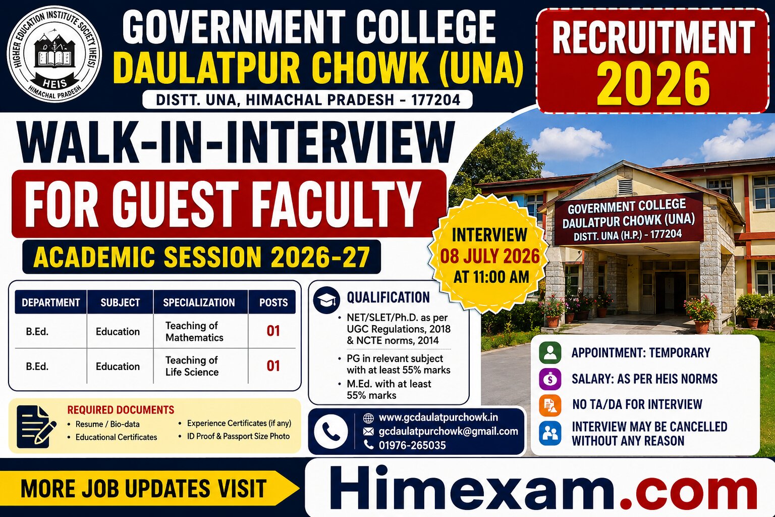 Government College Daulatpur Chowk Una Recruitment 2026: Guest Faculty Walk-in Interview | Apply Directly