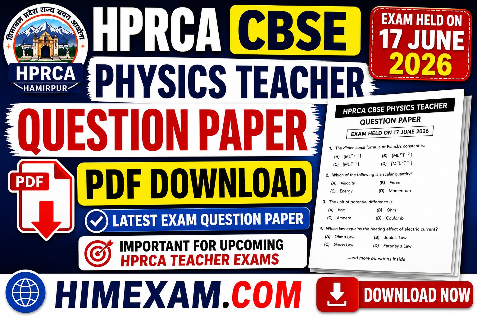 HPRCA CBSE Physics Teacher Question Paper 2026 PDF Download | Exam Held on 17 June 2026