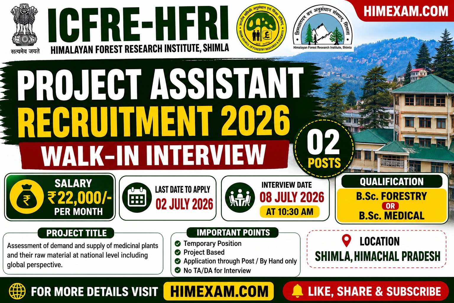 ICFRE-HFRI Shimla Project Assistant Recruitment 2026: Walk-in Interview for 02 Posts