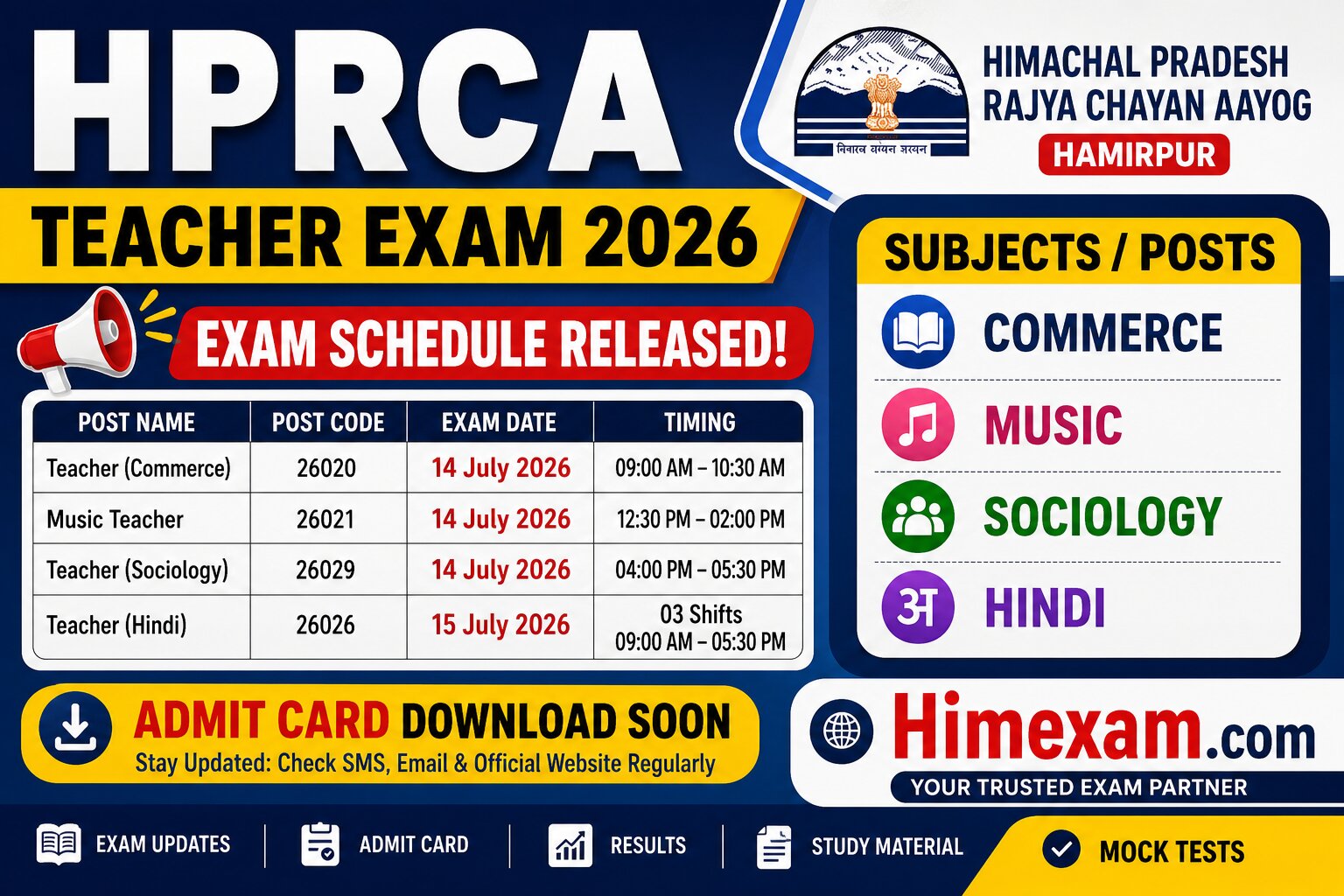 HPRCA CBSE Teacher(Commerce Music & Other) Exam Schedule 2026