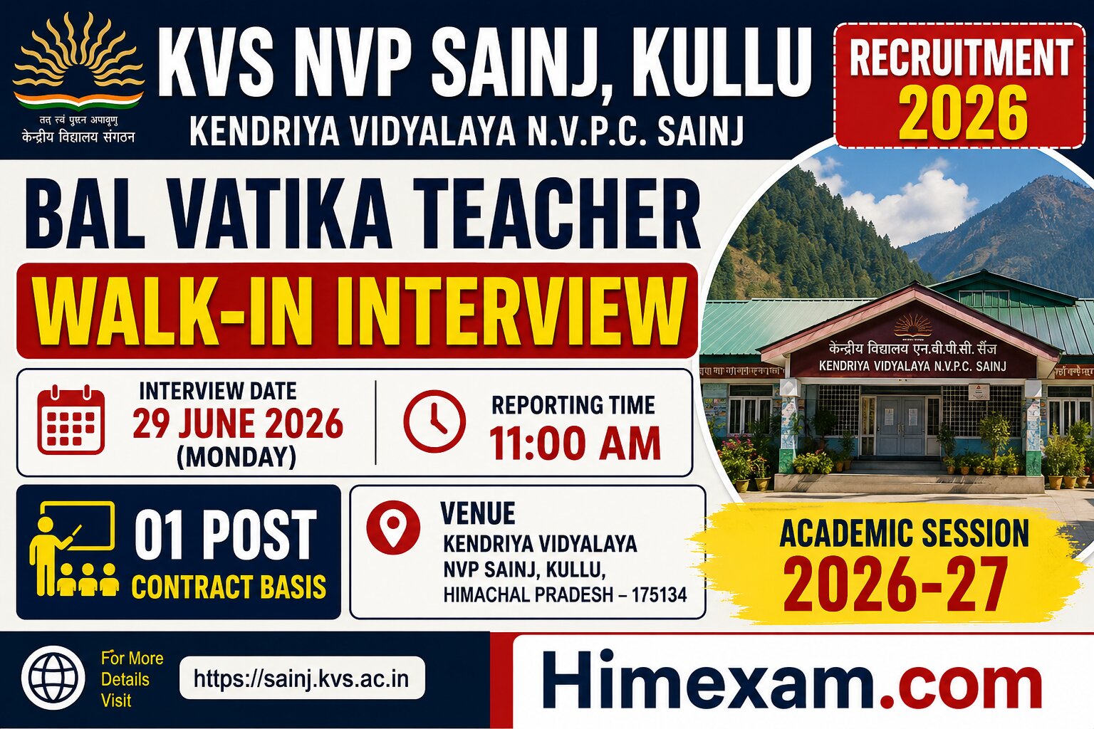 KVS NVP Sainj Kullu Recruitment 2026