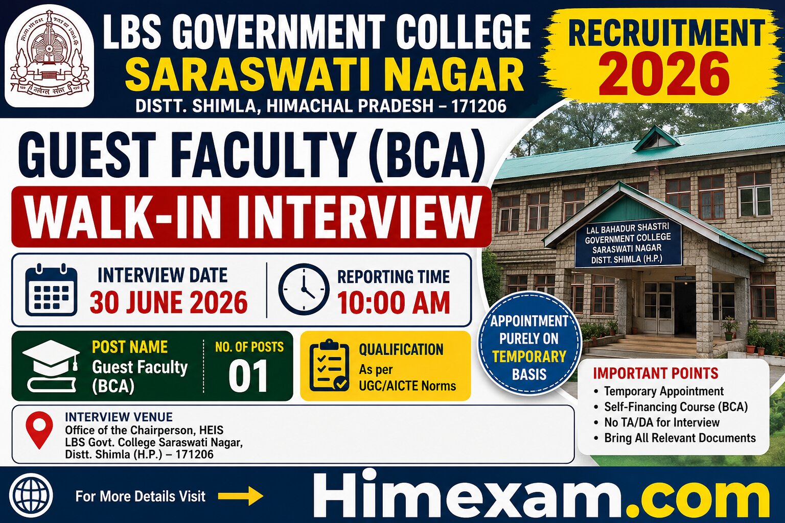 LBS Government College Saraswati Nagar Recruitment 2026: Guest Faculty (BCA) Walk-in Interview